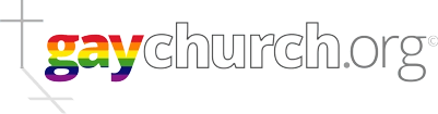 Gay Church Logo - Lower-case serif type in rainbow and white with cross in upper left