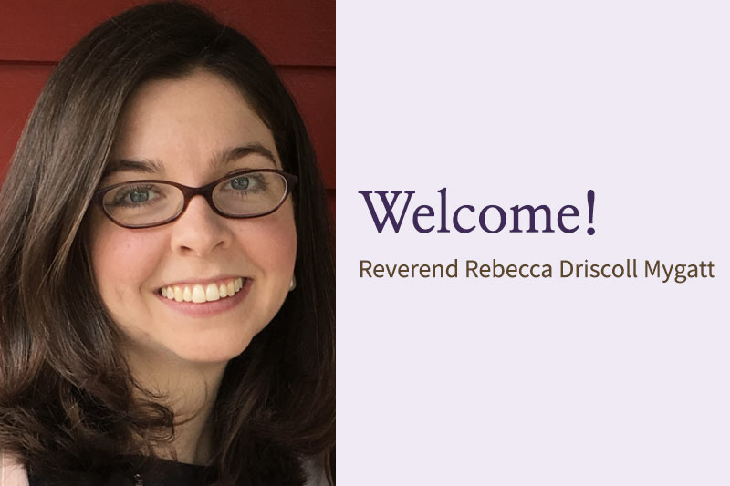 Graphic showing photo of Reverend Rebecca Driscoll Mygatt with purple serif type and dark brown sans-serif type to right over light lavender background